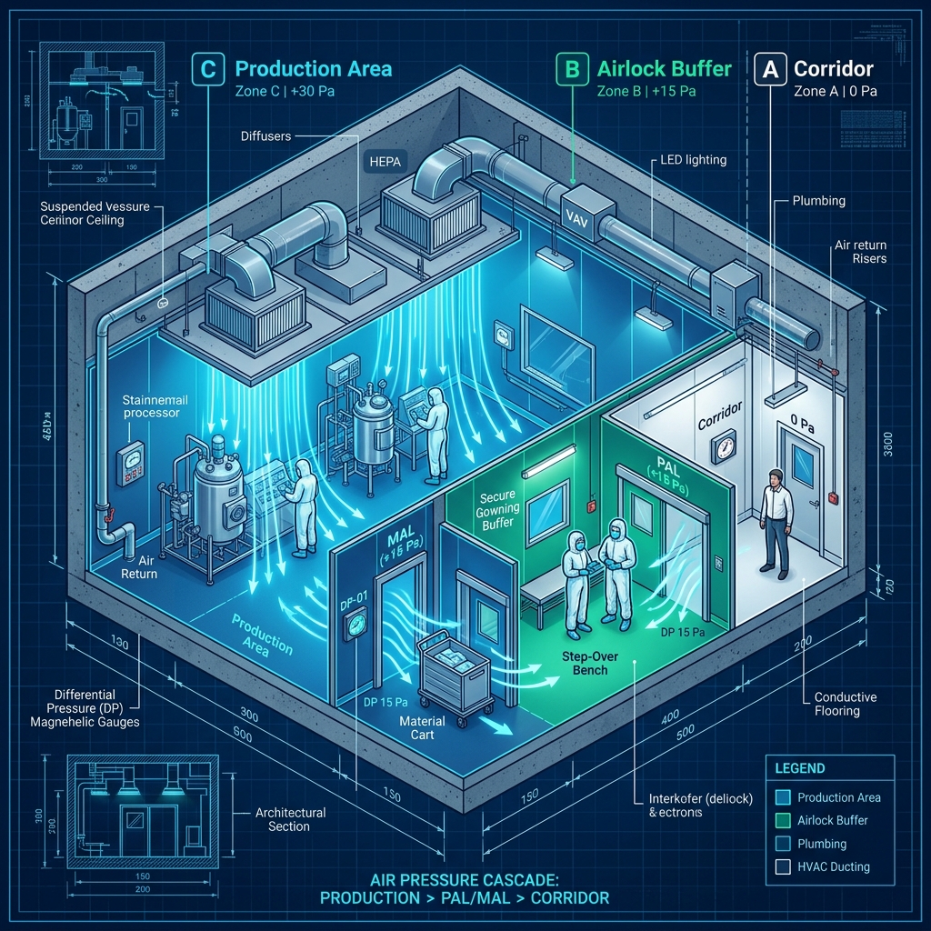 Pharmaceutical Cleanroom 3D Airflow Patterns, HEPA Downflow & Pressure Cascades